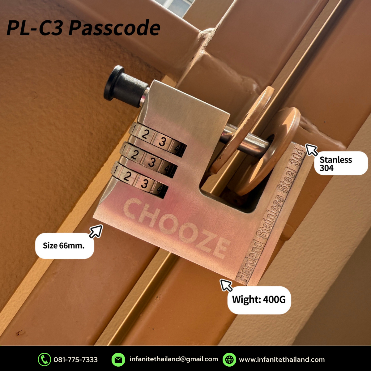 PL-C3 แม่กุญแจสแตนเลส304 3หลัก