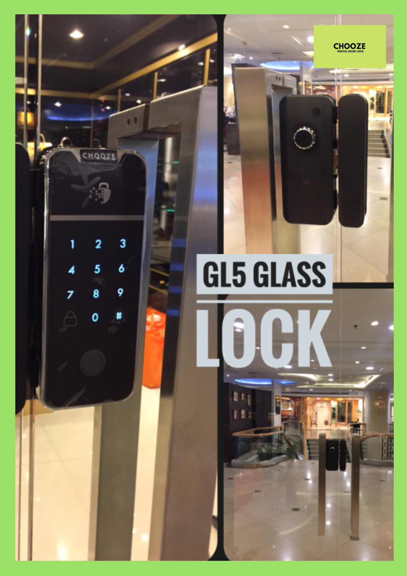 CHOOZE รุ่น GL5 GLASS LOCK 4 ระบบ มือถือบลูทูธ(เพิ่มwifiได้) สแกนนิ้ว รหัส การ์ด